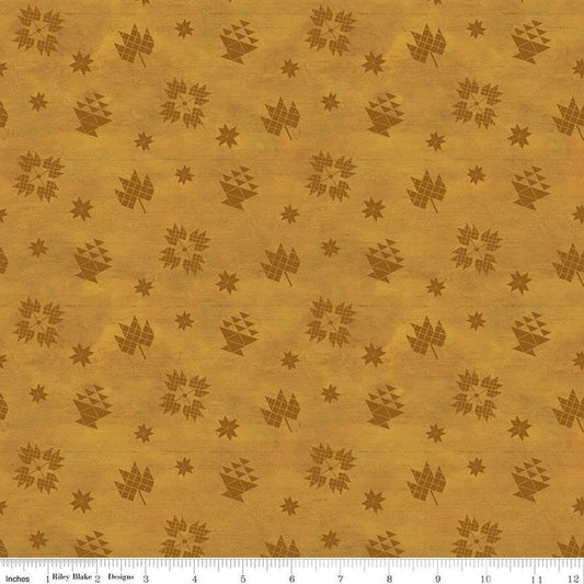 Image of the Covered Bridges in Fall Block Toss Gold quilting cotton fabric by Riley Blake Designs. Features blocks on a gold background. Cute Little Fabric Shop