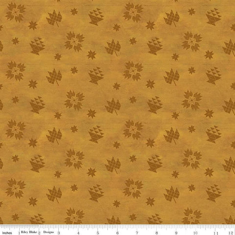 Image of the Covered Bridges in Fall Block Toss Gold quilting cotton fabric by Riley Blake Designs. Features blocks on a gold background. Cute Little Fabric Shop