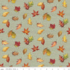 Image of the Covered Bridges in Fall Leaf Toss Sage quilting cotton fabric by Riley Blake Designs. Features leaves on a green background. Cute Little Fabric Shop