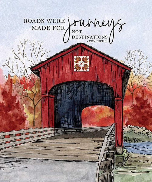 Covered Bridges in Fall Journeys Panel by Riley Blake Designs - Illustrated Bridges Scenery Words - Quilting Cotton Fabric