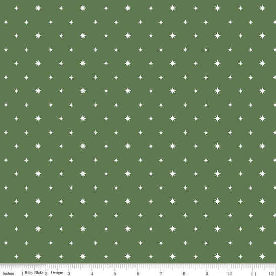 Image of the Charming Christmas Stars Green quilting cotton fabric by Riley Blake Designs. Features stars on a green background. Cute Little Fabric Shop