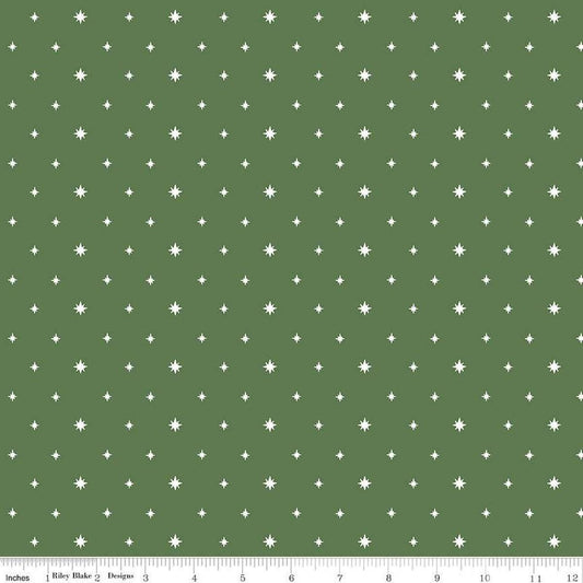 Image of the Charming Christmas Stars Green quilting cotton fabric by Riley Blake Designs. Features stars on a green background. Cute Little Fabric Shop
