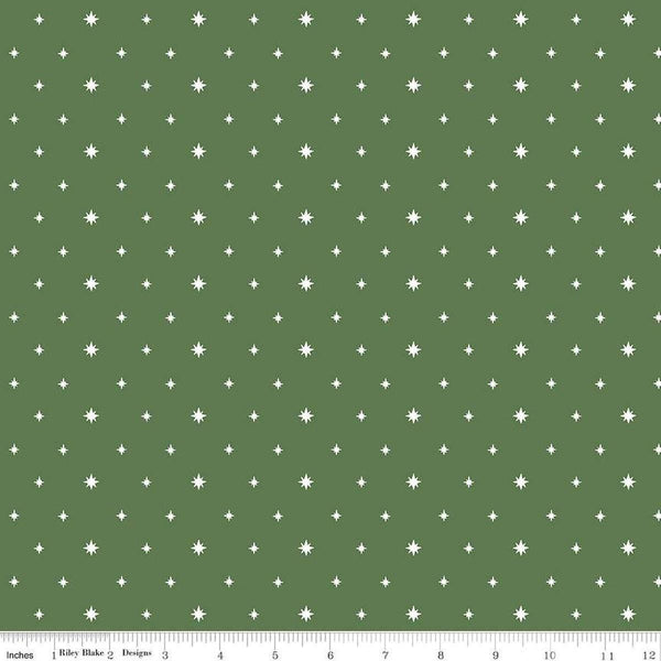 Image of the Charming Christmas Stars Green quilting cotton fabric by Riley Blake Designs. Features stars on a green background. Cute Little Fabric Shop