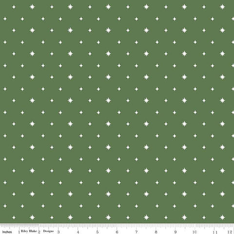Image of the Charming Christmas Stars Green quilting cotton fabric by Riley Blake Designs. Features stars on a green background. Cute Little Fabric Shop