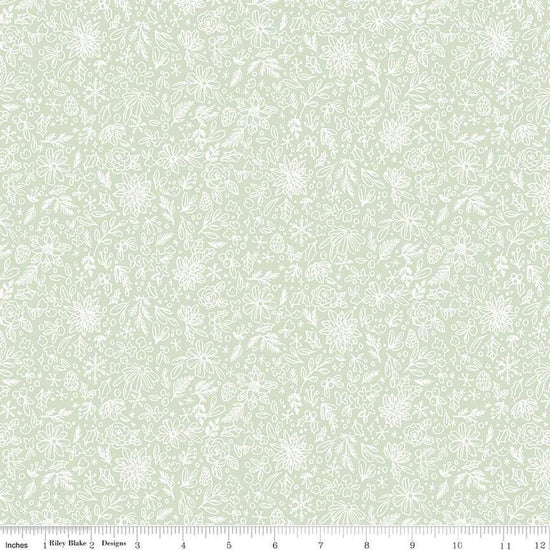 Image of the Charming Christmas Floral Outline Mint quilting cotton fabric by Riley Blake Designs. Features flowers on a green background. Cute Little Fabric Shop
