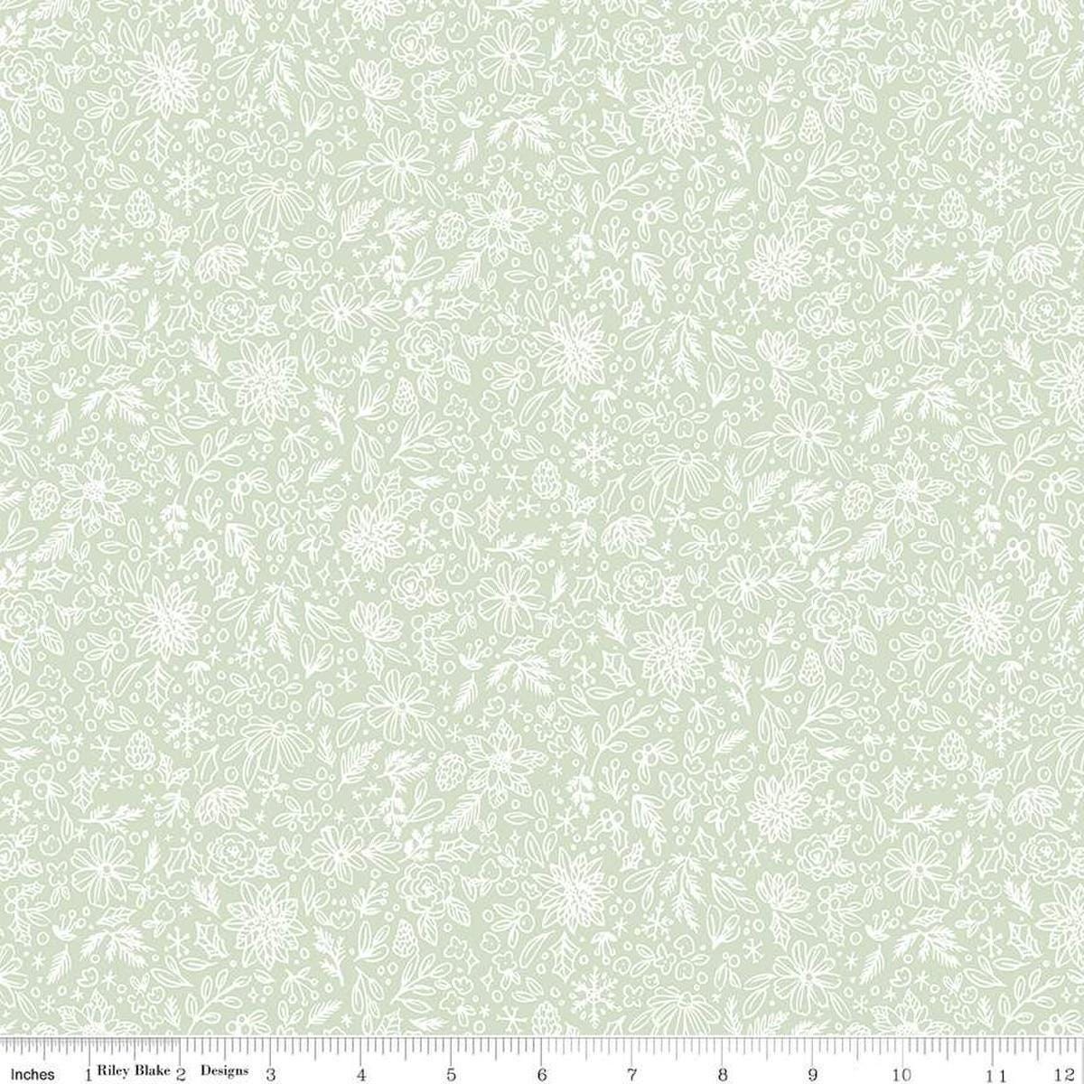 Image of the Charming Christmas Floral Outline Mint quilting cotton fabric by Riley Blake Designs. Features flowers on a green background. Cute Little Fabric Shop