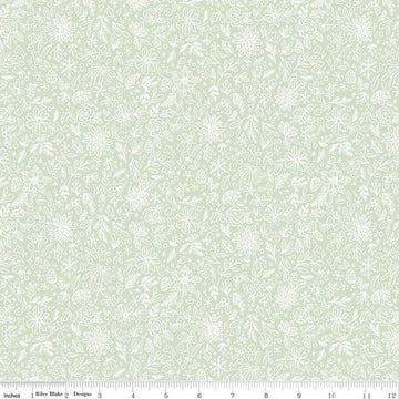 Image of the Charming Christmas Floral Outline Mint quilting cotton fabric by Riley Blake Designs. Features flowers on a green background. Cute Little Fabric Shop