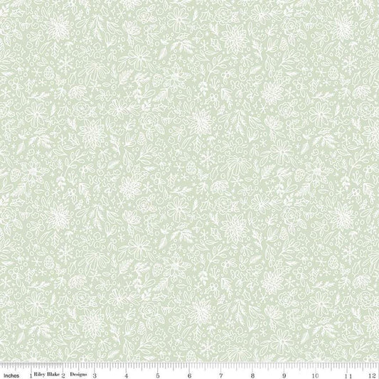 Image of the Charming Christmas Floral Outline Mint quilting cotton fabric by Riley Blake Designs. Features flowers on a green background. Cute Little Fabric Shop