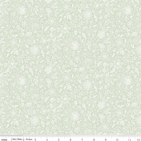 Image of the Charming Christmas Floral Outline Mint quilting cotton fabric by Riley Blake Designs. Features flowers on a green background. Cute Little Fabric Shop