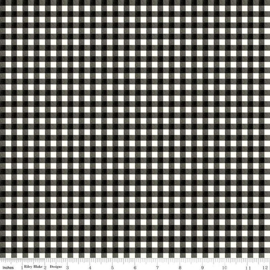 Image of the Charming Christmas Gingham Black quilting cotton fabric by Riley Blake Designs. Features gingham on a black background. Cute Little Fabric Shop