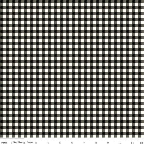 Image of the Charming Christmas Gingham Black quilting cotton fabric by Riley Blake Designs. Features gingham on a black background. Cute Little Fabric Shop