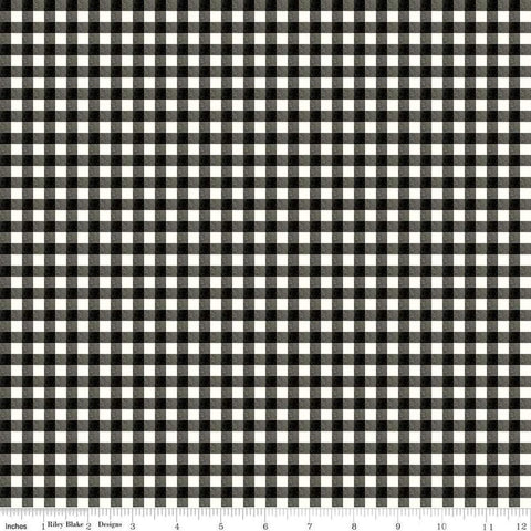 Image of the Charming Christmas Gingham Black quilting cotton fabric by Riley Blake Designs. Features gingham on a black background. Cute Little Fabric Shop