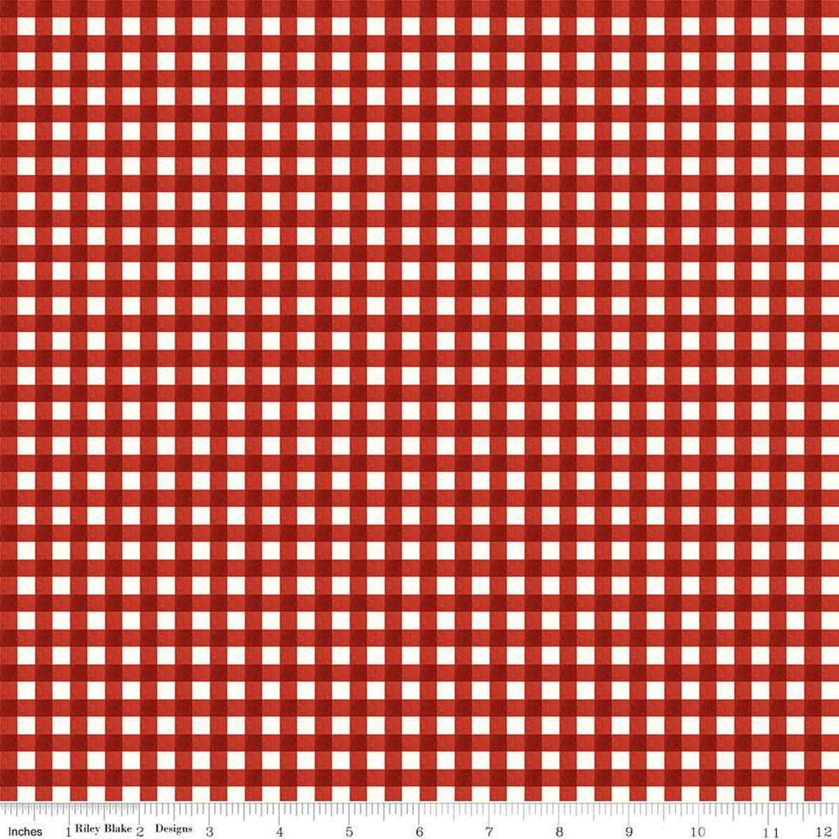 Image of the Charming Christmas Gingham Red quilting cotton fabric by Riley Blake Designs. Features gingham on a red  background. Cute Little Fabric Shop