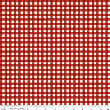 Image of the Charming Christmas Gingham Red quilting cotton fabric by Riley Blake Designs. Features gingham on a red  background. Cute Little Fabric Shop