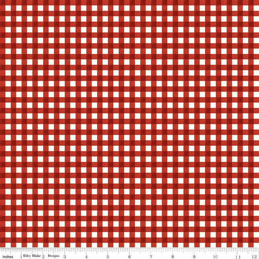 Image of the Charming Christmas Gingham Red quilting cotton fabric by Riley Blake Designs. Features gingham on a red  background. Cute Little Fabric Shop