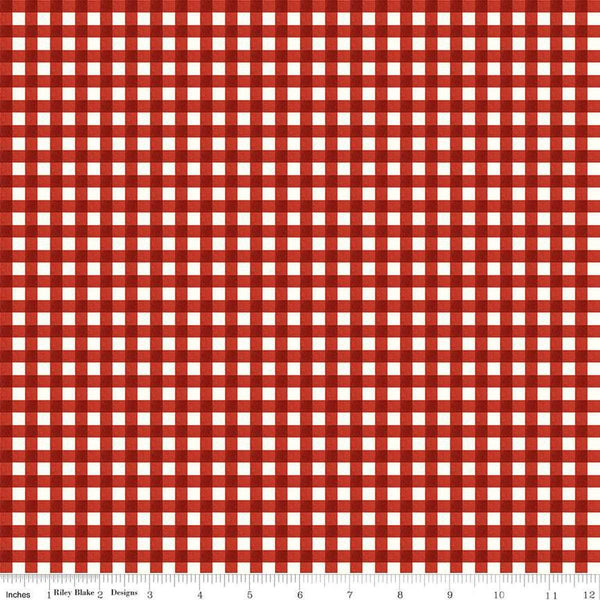 Image of the Charming Christmas Gingham Red quilting cotton fabric by Riley Blake Designs. Features gingham on a red  background. Cute Little Fabric Shop