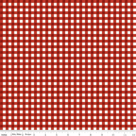 Image of the Charming Christmas Gingham Red quilting cotton fabric by Riley Blake Designs. Features gingham on a red  background. Cute Little Fabric Shop