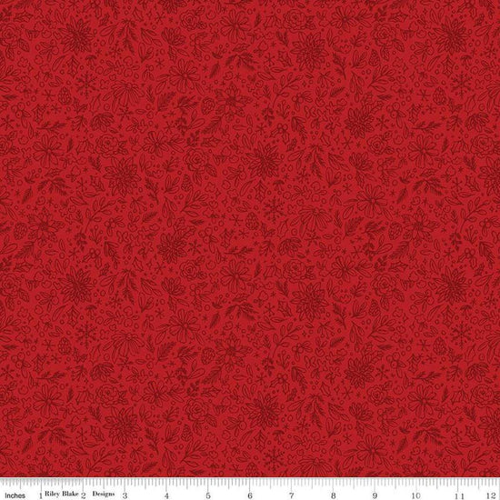 Image of the Charming Christmas Floral Outline Red quilting cotton fabric by Riley Blake Designs. Features flowers on a red background. Cute Little Fabric Shop