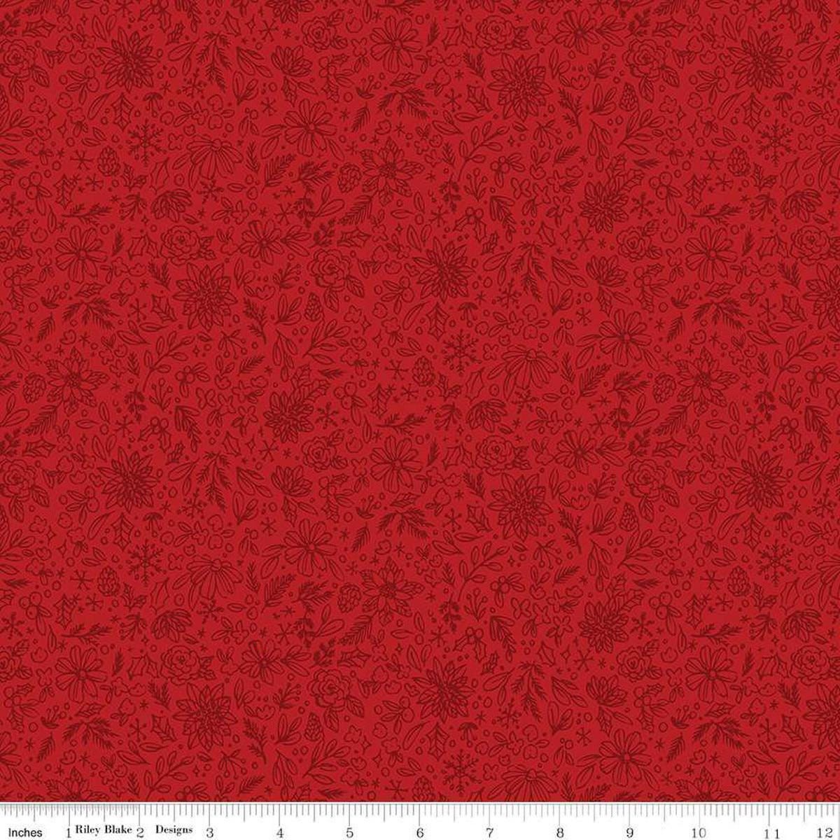 Image of the Charming Christmas Floral Outline Red quilting cotton fabric by Riley Blake Designs. Features flowers on a red background. Cute Little Fabric Shop