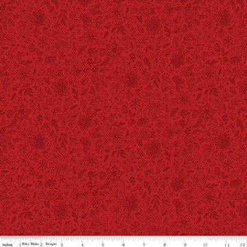 Image of the Charming Christmas Floral Outline Red quilting cotton fabric by Riley Blake Designs. Features flowers on a red background. Cute Little Fabric Shop