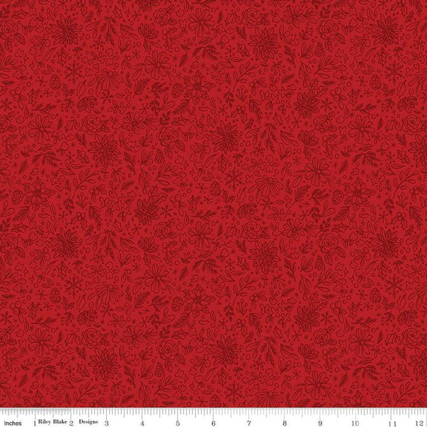 Image of the Charming Christmas Floral Outline Red quilting cotton fabric by Riley Blake Designs. Features flowers on a red background. Cute Little Fabric Shop