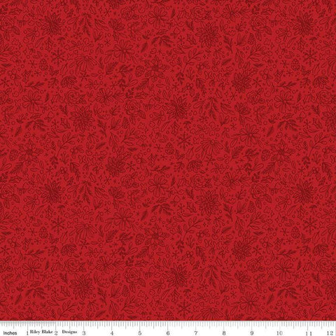 Image of the Charming Christmas Floral Outline Red quilting cotton fabric by Riley Blake Designs. Features flowers on a red background. Cute Little Fabric Shop