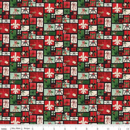 Image of the Charming Christmas Pretty Presents Black quilting cotton fabric by Riley Blake Designs. Features presents on a black background. Cute Little Fabric Shop