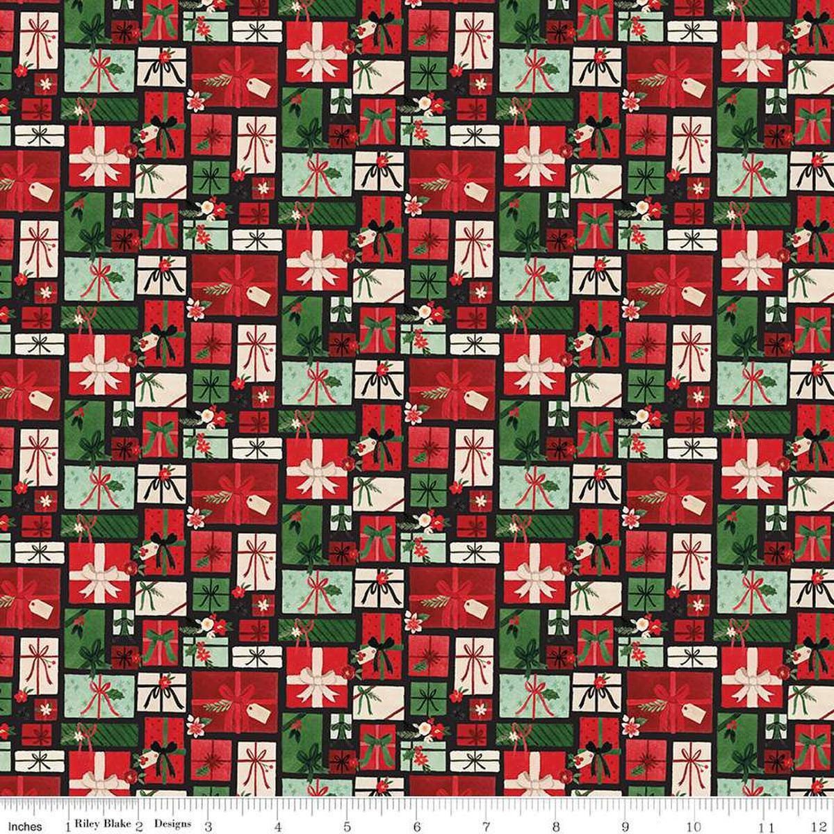 Image of the Charming Christmas Pretty Presents Black quilting cotton fabric by Riley Blake Designs. Features presents on a black background. Cute Little Fabric Shop