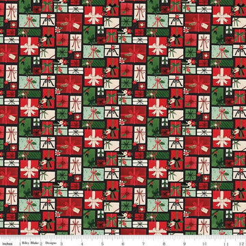 Image of the Charming Christmas Pretty Presents Black quilting cotton fabric by Riley Blake Designs. Features presents on a black background. Cute Little Fabric Shop