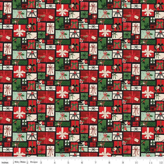 Image of the Charming Christmas Pretty Presents Black quilting cotton fabric by Riley Blake Designs. Features presents on a black background. Cute Little Fabric Shop