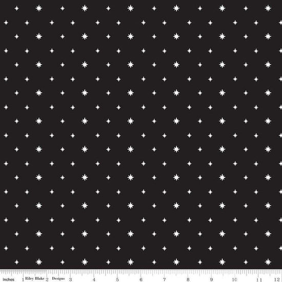 Image of the Charming Christmas Stars Black quilting cotton fabric by Riley Blake Designs. Features stars on a black background. Cute Little Fabric Shop