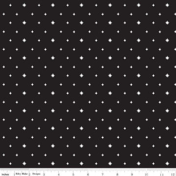 Image of the Charming Christmas Stars Black quilting cotton fabric by Riley Blake Designs. Features stars on a black background. Cute Little Fabric Shop
