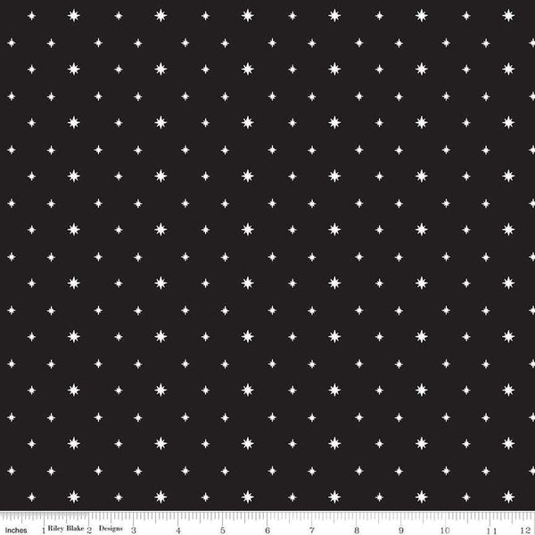 Image of the Charming Christmas Stars Black quilting cotton fabric by Riley Blake Designs. Features stars on a black background. Cute Little Fabric Shop