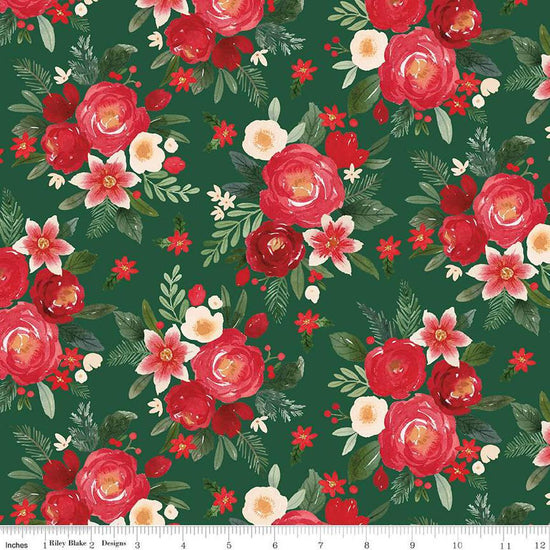 Image of the Charming Christmas Main Green quilting cotton fabric by Riley Blake Designs. Features flowers on a green background. Cute Little Fabric Shop