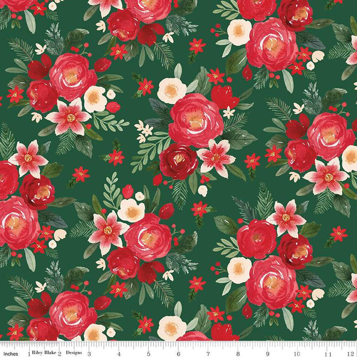 Image of the Charming Christmas Main Green quilting cotton fabric by Riley Blake Designs. Features flowers on a green background. Cute Little Fabric Shop