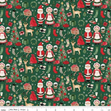 Image of the Charming Christmas Santa & Mrs. Claus Green quilting cotton fabric by Riley Blake Designs. Features icons on a green background. Cute Little Fabric Shop