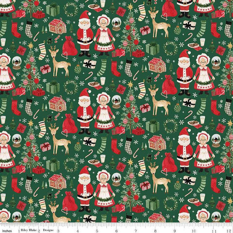 Image of the Charming Christmas Santa & Mrs. Claus Green quilting cotton fabric by Riley Blake Designs. Features icons on a green background. Cute Little Fabric Shop
