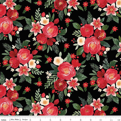 Image of the Charming Christmas Main Black quilting cotton fabric by Riley Blake Designs. Features flowers on a black background. Cute Little Fabric Shop