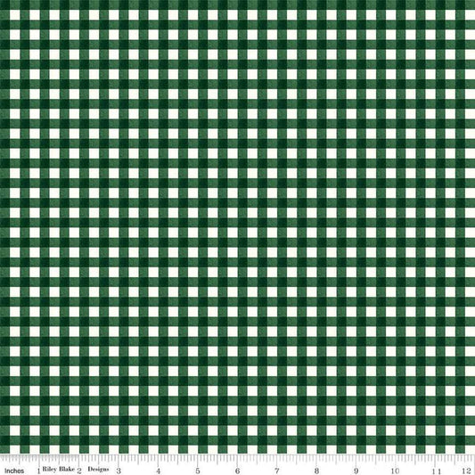 Image of the Charming Christmas Gingham Green quilting cotton fabric by Riley Blake Designs. Features gingham on a green background. Cute Little Fabric Shop