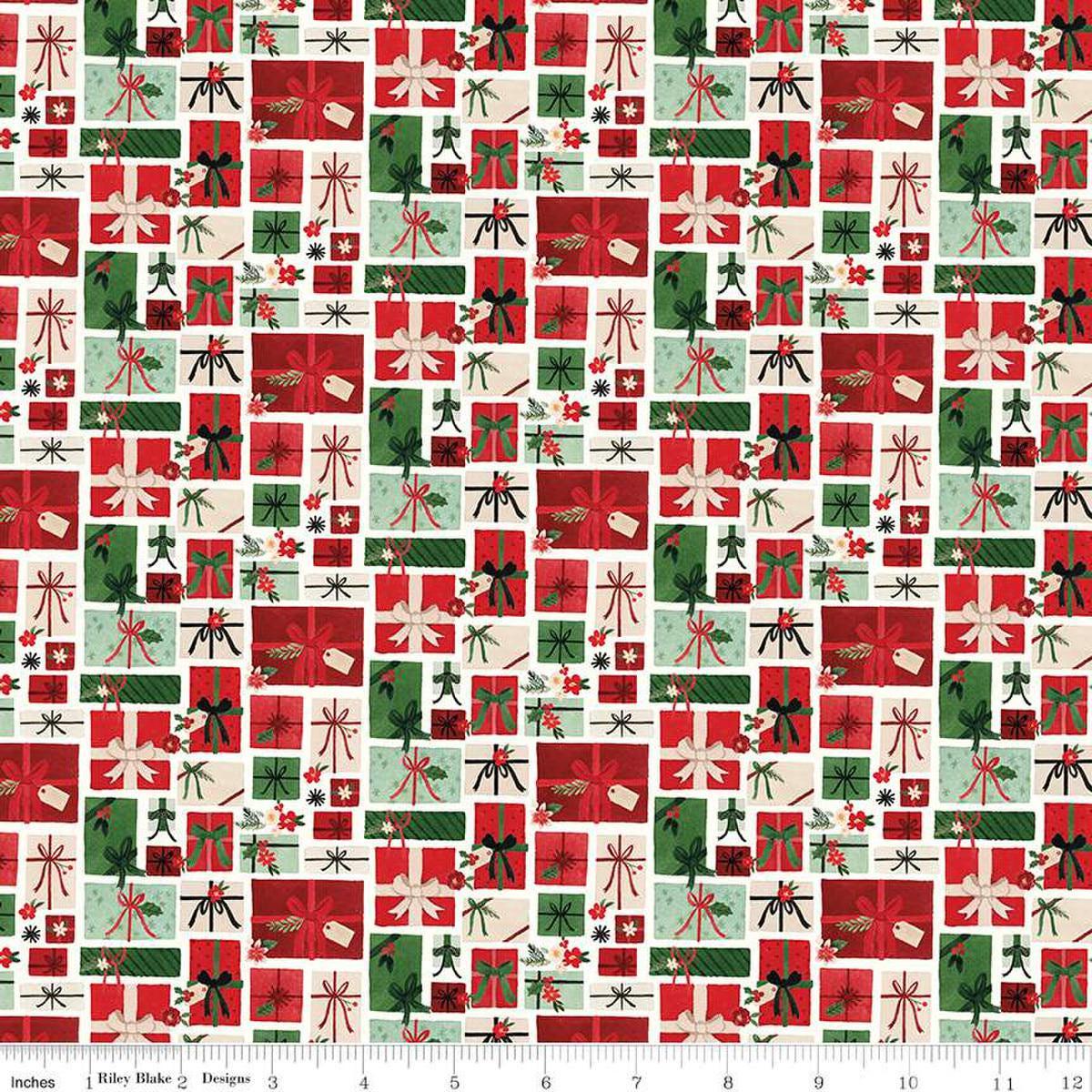 Image of the Charming Christmas Pretty Presents Cloud quilting cotton fabric by Riley Blake Designs. Features presents on a cream background. Cute Little Fabric Shop