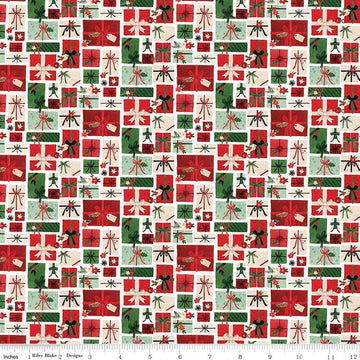 Image of the Charming Christmas Pretty Presents Cloud quilting cotton fabric by Riley Blake Designs. Features presents on a cream background. Cute Little Fabric Shop