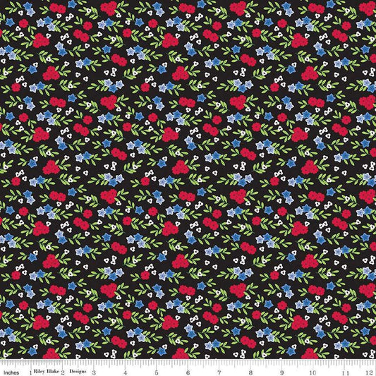 Image of the Cloudburst Floral Black quilting cotton fabric by Riley Blake Designs. Features flowers on a black background. Cute Little Fabric Shop