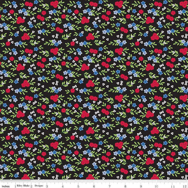 Image of the Cloudburst Floral Black quilting cotton fabric by Riley Blake Designs. Features flowers on a black background. Cute Little Fabric Shop