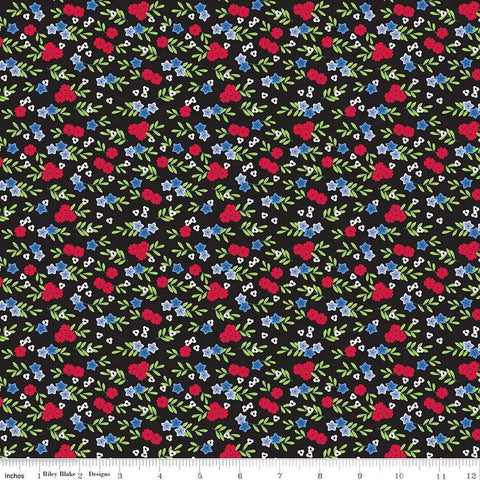 Image of the Cloudburst Floral Black quilting cotton fabric by Riley Blake Designs. Features flowers on a black background. Cute Little Fabric Shop