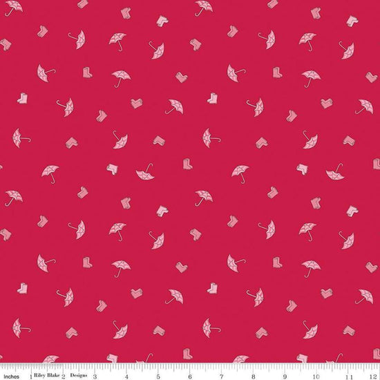 Image of the Cloudburst Umbrellas Red quilting cotton fabric by Riley Blake Designs. Features rainboots on a red background. Cute Little Fabric Shop