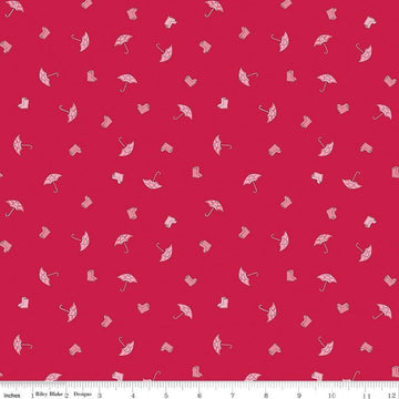 Image of the Cloudburst Umbrellas Red quilting cotton fabric by Riley Blake Designs. Features rainboots on a red background. Cute Little Fabric Shop