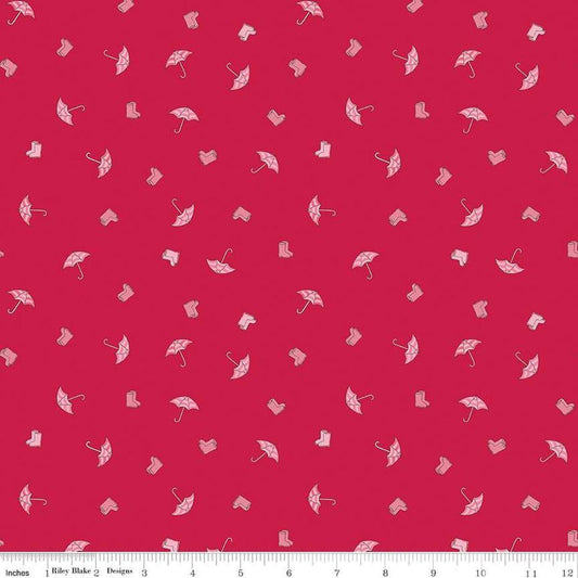Image of the Cloudburst Umbrellas Red quilting cotton fabric by Riley Blake Designs. Features rainboots on a red background. Cute Little Fabric Shop
