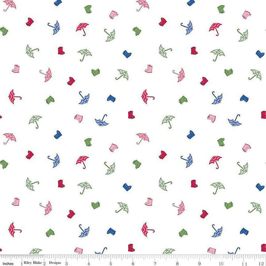 Image of the Cloudburst Umbrellas White quilting cotton fabric by Riley Blake Designs. Features rainboots on a white background. Cute Little Fabric Shop