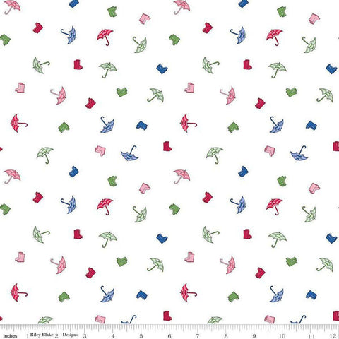 Image of the Cloudburst Umbrellas White quilting cotton fabric by Riley Blake Designs. Features rainboots on a white background. Cute Little Fabric Shop