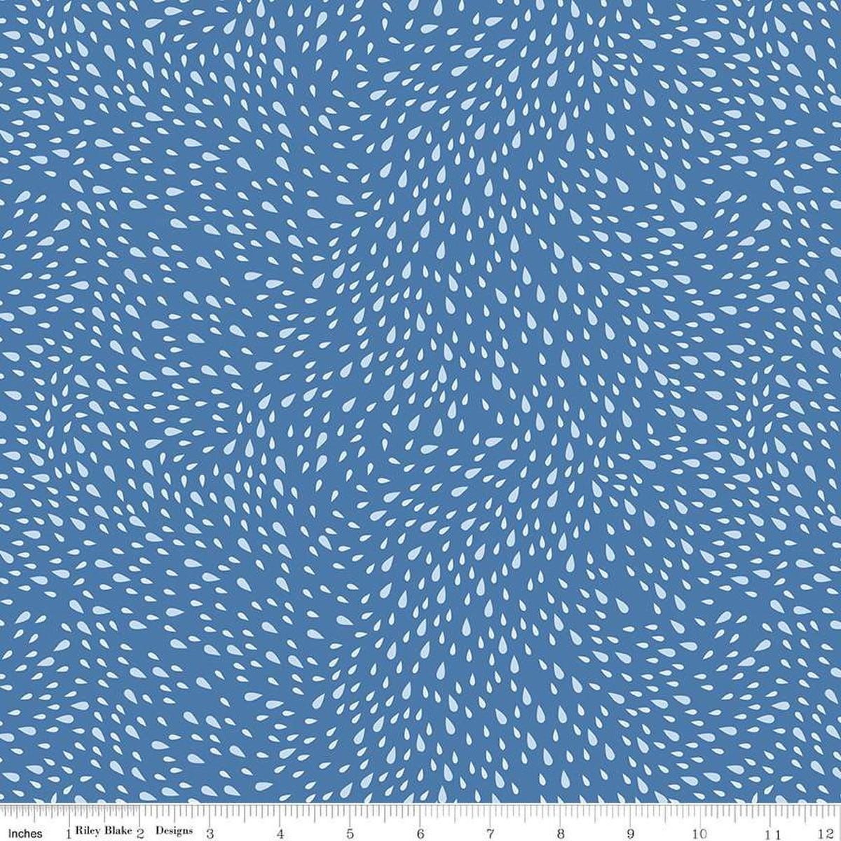 Image of the Cloudburst Rain Blue quilting cotton fabric by Riley Blake Designs. Features raindrops on a blue background. Cute Little Fabric Shop